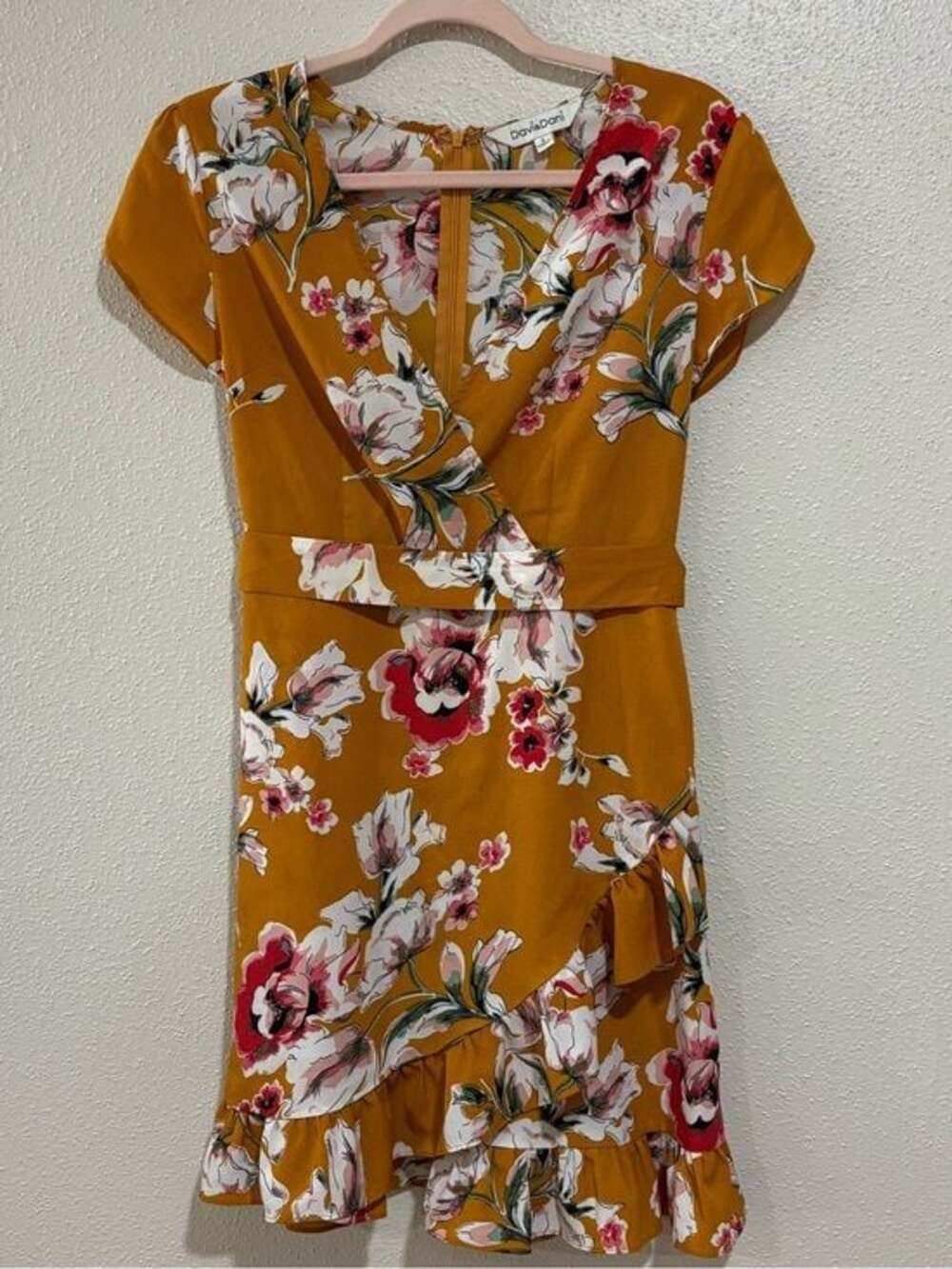 Davi & Dani Mustard Floral Faux Wrap Ruffle Dress | Size Small